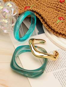 3pcs Bold Asymmetric Green Acrylic Bracelets, Suitable For Women, Decorated With Gold CCB Round Accents, Perfect For Casual Daily Wear - Baby Blue - View 5