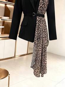 Women's Autumn/Winter Elegant Commute Chiffon Leopard Print Blazer With Lining, Ribbon Patchwork Design, Double-Breasted Adjustable Waist Belt, Long Sleeve - Black - View 6
