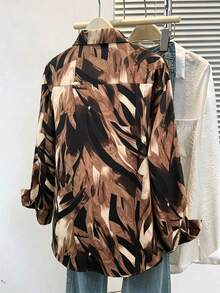 Plus Size Women's Random Pattern Button-Up Long Sleeve Shirt - Chocolate Brown - View 5