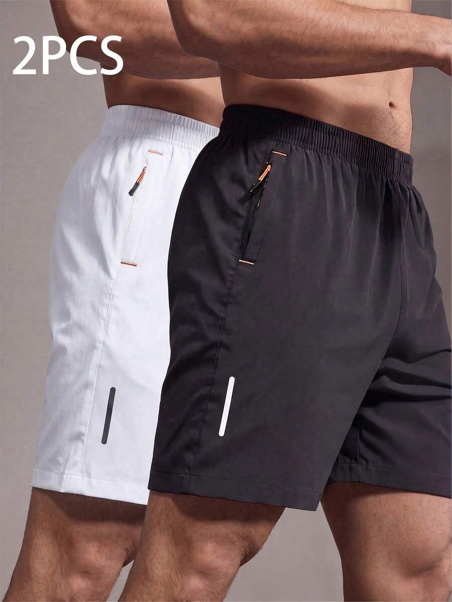2pcs Men's Quick-Dry Sports Shorts With Reflective Stripes, Pockets, Zipper Waist And Drawstring - Multicolor - View 1