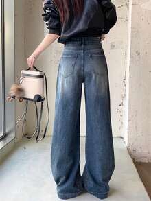 American Style Rhinestone Studded Wide Leg High Waist Loose Straight Leg Jeans For Women - Blue - View 3