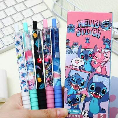 5-Piece Cartoon Stitch Neutral Pen Set, 0.55mm Black Quick Drying Pen, Suitable For School Office Supplies, Essential For Starting School, Disney Merchandise, And Essential For Disney Fans