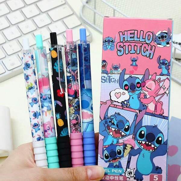 5-Piece Cartoon Stitch Neutral Pen Set, 0.55mm Black Quick Drying Pen, Suitable For School Office Supplies, Essential For Starting School, Disney Merchandise, And Essential For Disney Fans