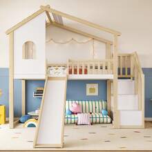 High Bed Frame, 90x200cm, With Storage And Slide - Natural+ White - Natural and White - View 4