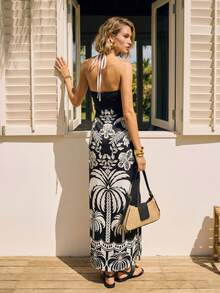 CAJUNI Casual Vacation Sexy Tie-Up Halter Slit Hollow Out Long Dress For Women Elegant - Multicolor - View 5