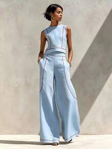 Summer 2026 New Imitation Linen Style Sleeveless Vest Top And Wide Leg Pants Set, Relaxed Fit Casual Vacation Outfit Hustle&Haze - Green - View 3