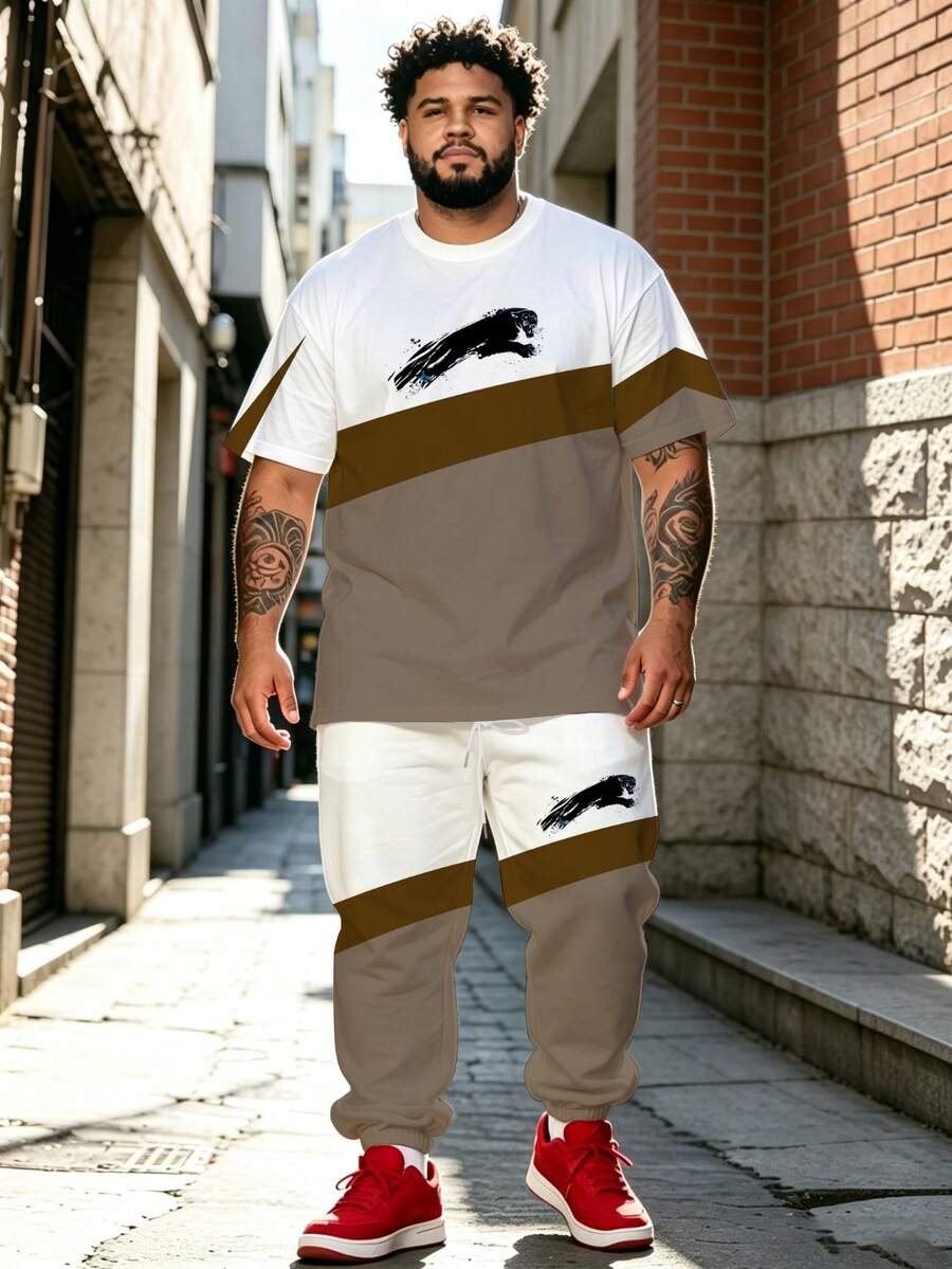Men's Street Casual Minimalist Series "Color Block " Pattern Sports Set - Polyester Knit Fabric, Crew Neck Design, Drawstring Cuffed Pants, Pocket Details, Regular Fit, Suitable For Plus Size - Khaki - View 1