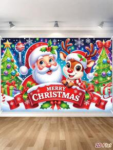 1Pc Christmas Backdrop Cloth With Santa Claus&Reindeer&Christmas Tree Design, Merry Christmas Hanging Background Cloth, Photo Booth Backdrop, Party Backdrop Banner, Backdrop Decoration, Christmas Decoration, Xmas Decor, Home Decor - Christmas a - View 11