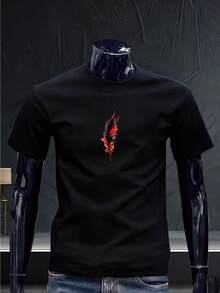 Camiseta Minimalista para Hombre con Estampado de Plumas en Tinta Negra y Roja, Cuello Redondo, Estilo Casual de Verano, Ropa Urbana Moderna para Uso Diario - Blanco - Ver 8