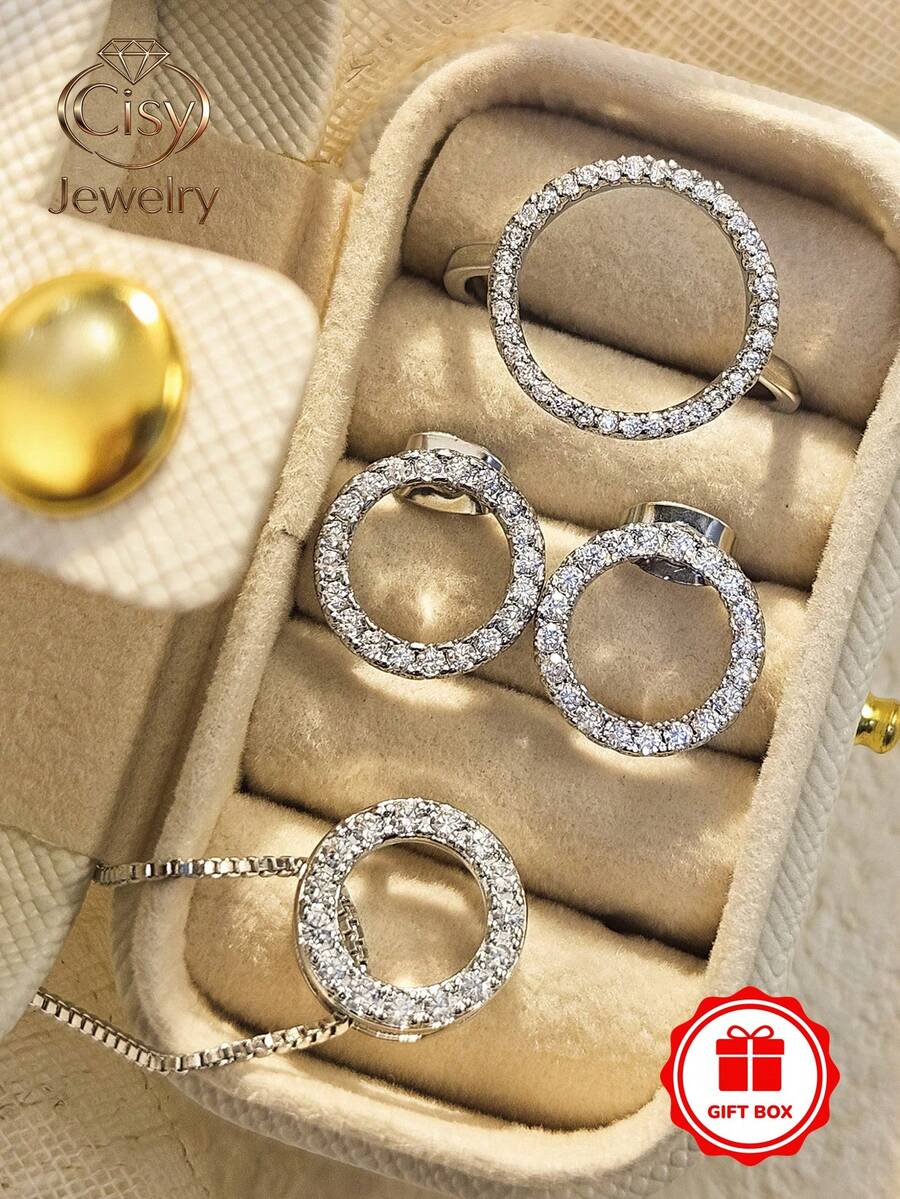 1 Set Of 4pcs Romantic Cubic Zirconia Ring, Necklace, Earrings With Gift Box, Women's Wedding Anniversary Gift - 1# - View 1