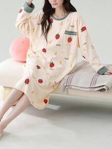 1 buah Baju Tidur Wanita, Baju Tidur Model Pullover Motif Buah, Leher Bulat, dengan Kantong, Lengan Panjang, Nyaman untuk Dipakai di Rumah - Sampanye - View 8