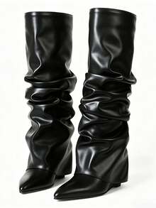 Winter Boots Women Slouched Ruched Fold Over Boots Covered Wedge Block Heel Knee High Punk Gothic Fashion Luxury Halloween Shark Shoes For Woman - 黑色 - 查看 3