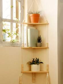 1 Étagère flottante murale en bois, pour exposer des photos et des plantes vertes. Convient pour la chambre, le salon et plus encore comme décoration de maison & murale, un cadeau idéal pour les anniversaires, les remises de diplômes et autres occasions. (Livré avec des cordes et 30 perles en bois.) - Beige - Voir 4