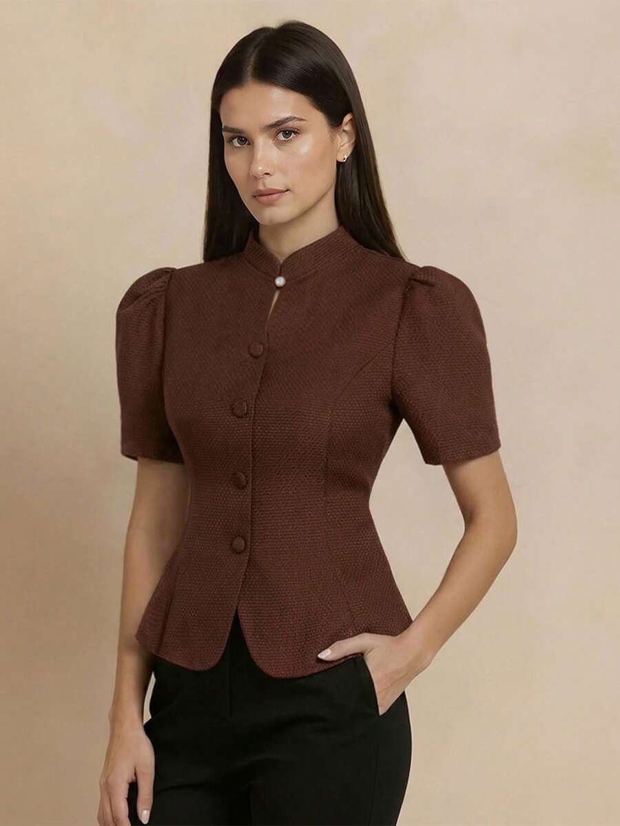 1件現代菲律賓風女款時尚純色花瓣袖鈕扣短袖上衣 - 咖啡棕 - 查看 1