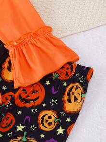 2pcs/Set Pakaian Anak Perempuan Kasual Motif Atasan Lengan Panjang & Celana Panjang Model Flare Motif Potongan Acak, Musim Semi/Musim Gugur Halloween - Jeruk - View 8