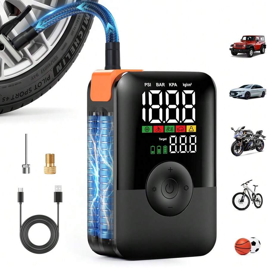 Carsun Tire Lnflator Portable Air Compressor Tire Air Pump, With Colorful Digital Display, Dual-Screen Digital Version, 150PSI Portable Bicycle Pump, With Bright LED Light For Nighttime, Car Accessory - Suitable For Cars, Motorcycles, SUVs, RVs, - Wireless - View 1