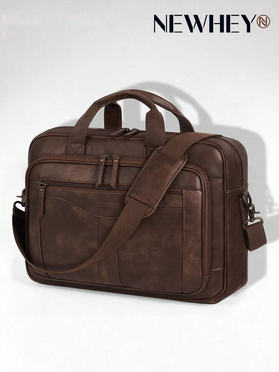 NEWHEY 16 Inch Men's PU Laptop Bag, Large Capacity Crossbody Shoulder Bag, Vintage Briefcase Messenger Bag, Work, Office, Business Travel, Daily Commute - Brown - View 1