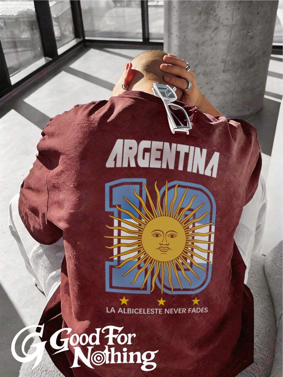 美式復古做舊水洗 T-shirt,阿根廷太陽 Logo 印花,情侶休閒寬鬆版短袖 - 中紫紅色 - 查看 1