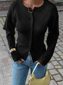 Plus Size Women's Button-Up Long Sleeve Cardigan, Winter Casual Business Jacket, Suitable For Outdoor Wear, Black - Black - View 2
