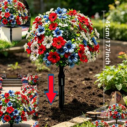 4PCS Patriotic Artificial Flower Garden Stake Set, Red White Blue Faux Outdoor Flowers With Ground Stakes, UV Resistant Memorial Day Independence Day Porch Patio Yard Cemetery Decor, No Container Included