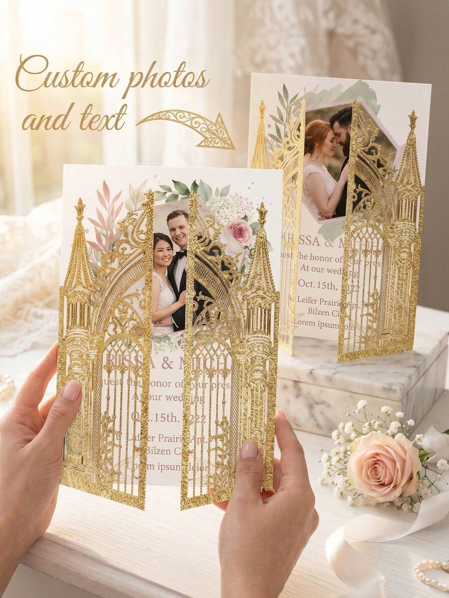 1/3pcs Custom Photo And Text Gold Cathedral Wedding Invitation, Glitter Hollow Wedding Greeting Card, Custom Wedding Greeting Card For Bridal Ceremony - Multicolor - View 1
