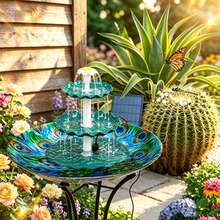 3.5W Solar Bird Bath Fountain, 3-Tiered Waterfall With 9 Water Streams, DIY Detachable Solar Pump Lightweight Resin Plastic For Garden Outdoor Bird Feeder Decor,Garden Stuff,Gardening Supplies - Green - View 3