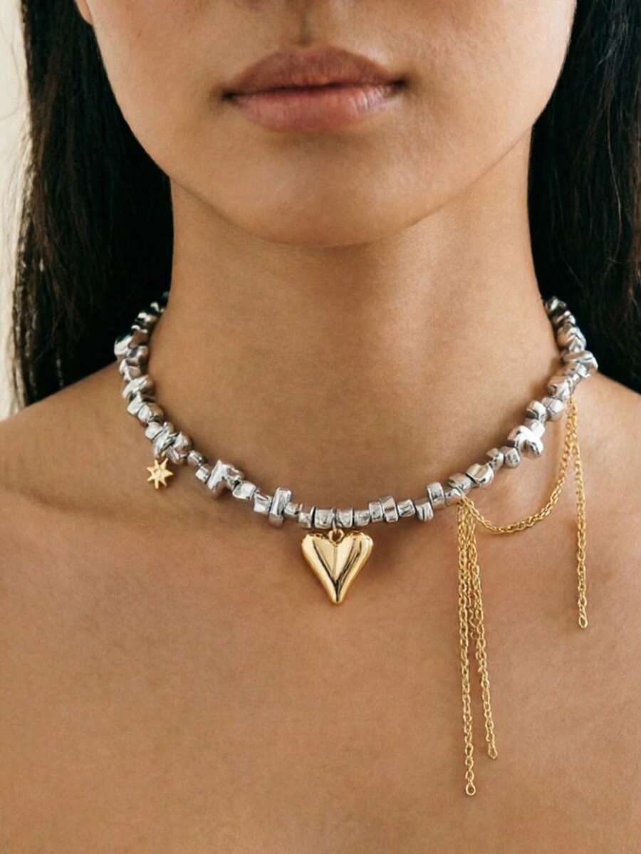 1 pieza Collar con colgante de corazón y borla para mujer, cadena minimalista de moda para la clavícula con cadena de metal asimétrica con cuentas, adecuado para uso diario y casual (accesorios de cuentas dispuestos aleatoriamente a lo largo de la cadena) - Dorado + Plateado - Ver 1