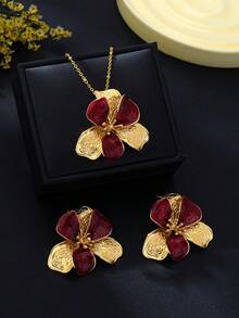 3pcs/Set Vintage Burgundy Oil-Drip Three-Petal Flower Set Earrings Necklace Embossed Texture Metal Flower Luxury Banquet Dress Accessories - Burgundy - View 3