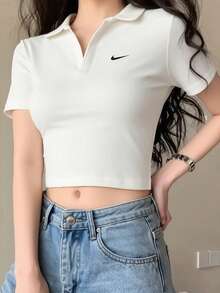 Nike New Women's Sportswear Knitted Collar Short Polo Shirt - White - View 11