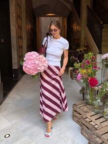 Women's Early Autumn Daily Vacation Casual Commute Elegant Pink Striped Print Midi Skirt - Pink - View 5