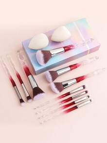 ronshadow 10pcs Gradient Transparent Ice Crystal Diamond Handle Makeup Brush Set With Makeup Sponge, Round Powder Brush, Angled Blush Brush, Large Foundation Brush, Small Eyeshadow Blending Brush, Detail Concealer Brush - Multicolor - View 21