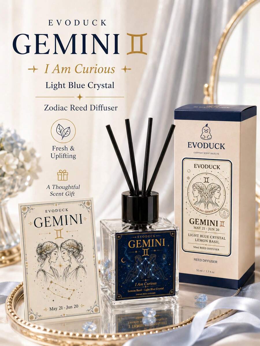 EVODUCK Gemini Zodiac Reed Diffuser 50ml, Lemon Basil Scented Oil Diffuser With Light Blue Crystal & 4 Fiber Reeds, Flameless Home Fragrance For Bedroom Bathroom Office, Astrology Birthday Gift For Women, Star Sign Room Decor - Flameless Series - View 1
