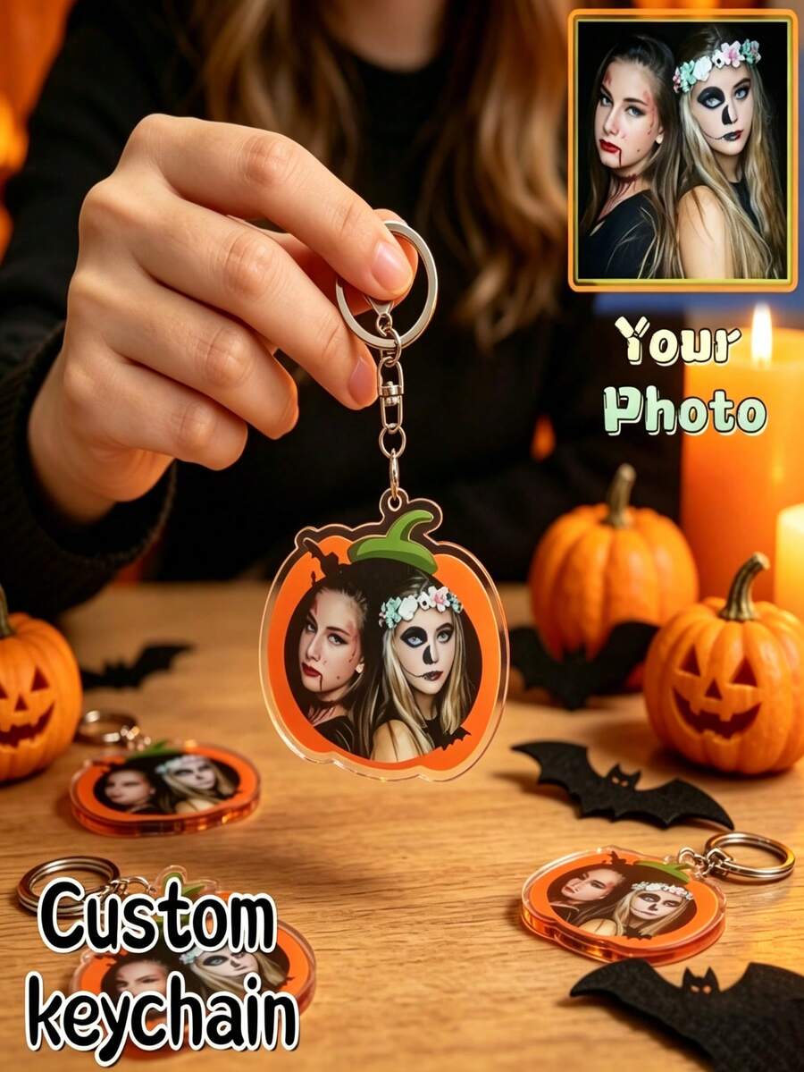 Halloween Customized Photo Pumpkin Keychain, Acrylic Pendant With Uploadable Photo, Suitable For Couples And Best Friends As Spooky Holiday Commemorative Gift - Multicolor - View 1