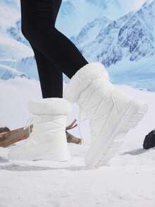 2026冬季新款女款綁帶中筒雪地靴，中筒冬季鞋，戶外休閒運動靴，百搭休閒鞋，適合冬季旅行 - 白色 - 查看 4