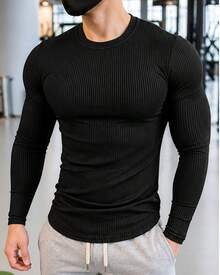 Men's American Ribbed Crew Neck Slim Fit Casual Long Sleeve T-Shirt With Stretch Knit Fabric. Suitable For All Ages, Including Regular Fit, Father's Day, Mother's Day, New Year's, And Spring Festivals. - 黑色 - 查看 7