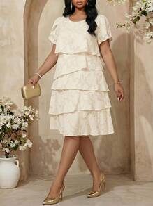 Fleurora Vestido de verano elegante de talla grande de unicolor con recortes y capas - Albaricoque - Ver 4