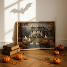1 pieza Impresión en lienzo de arte de pared de casa embrujada de Halloween sin marco, póster de paisaje primitivo de otoño con calabaza, decoración rústica de granja de otoño para apartamento, sala de estar, dormitorio, dormitorio universitario, regreso a la escuela, pósteres divertidos, decoración vintage, regalo único - Casa embrujada - Ver 1