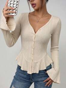SanpChic Women's Autumn/Winter V-Neck Light Apricot Ruffle Hem Knit Cardigan, Slim Fit Flattering Flare Sleeve Crop Top, Versatile Inner Layer Suitable For Commuting, Dating, Outwear, Daily Wear, Photography, Gathering, Halloween Costume - Apricot - View 1