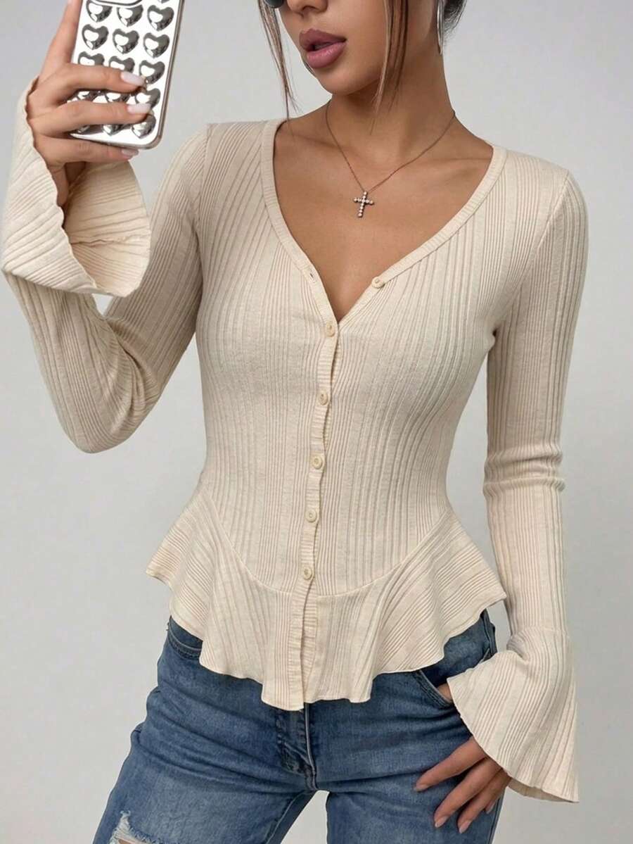 SanpChic Women's Autumn/Winter V-Neck Light Apricot Ruffle Hem Knit Cardigan, Slim Fit Flattering Flare Sleeve Crop Top, Versatile Inner Layer Suitable For Commuting, Dating, Outwear, Daily Wear, Photography, Gathering, Halloween Costume - Apricot - View 1