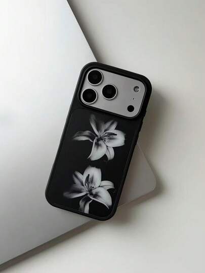 Casing Ponsel Minimalis Motif Bunga Lili Hitam dengan Pinggiran Hitam - Kompatibel dengan iPhone 17 Pro Max, 17 Pro, 17, 16 Pro Max, 16 Pro, 16, 15 Pro Max, 15 Pro, 14 Pro Max, 14 Pro, 14, 13 Pro Max, 13 Pro, 13, 12 Pro Max, 11, Pelindung Ponsel