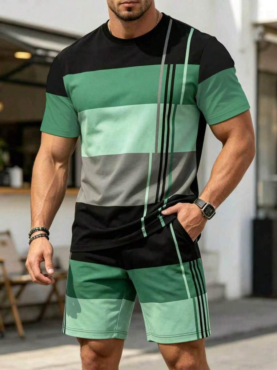男士時尚兩件套-條紋短袖T恤與抽繩短褲-舒適配色套裝,適合戶外探險與休閒穿著,100%聚酯纖維,適合夏季穿著,輕量面料 - 彩色 - 查看 1