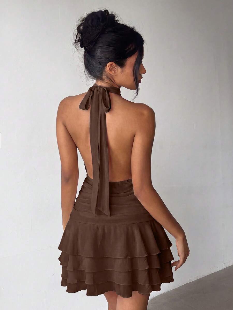 Elegant Halter Backless Mini Dress With Tiered Ruffle Skirt - Idea For Summer Party, Beach Vacation, Casual Going Out, Festival & Graduation - Brown - View 1
