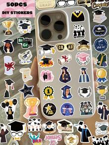 50pcs Graduation Season Phone Stickers, Scrapbooking Supplies, PVC Material, Each Size 3-7cm, Creative Aesthetic Design Stickers, Suitable For Phone Case, Notebook, Bicycle, Tablet, Laptop, Luggage Decoration Stickers - 1 Pack/50 Sheets - View 5