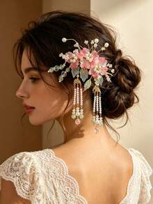 1pc Gradient Pink Glass Flower Pearl Tassel U-Shaped Hair Stick, Luxury Wedding Dress Hair Accessory, Bridal Hair Bun Holder - Multicolor - View 2