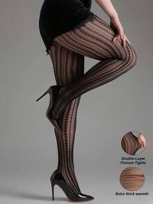 1pc 120g Women's Double-Layer Thermal Lined Vertical Striped Lace Mesh Tights, Autumn/Winter Thickened Warm Sheer Pantyhose, Faux-Skin Warm Leggings, Vertical Geometric Lace Sheer Thickened Pantyhose, Halloween/Christmas Outfit, Suitable For 15-25°C - Black - View 1