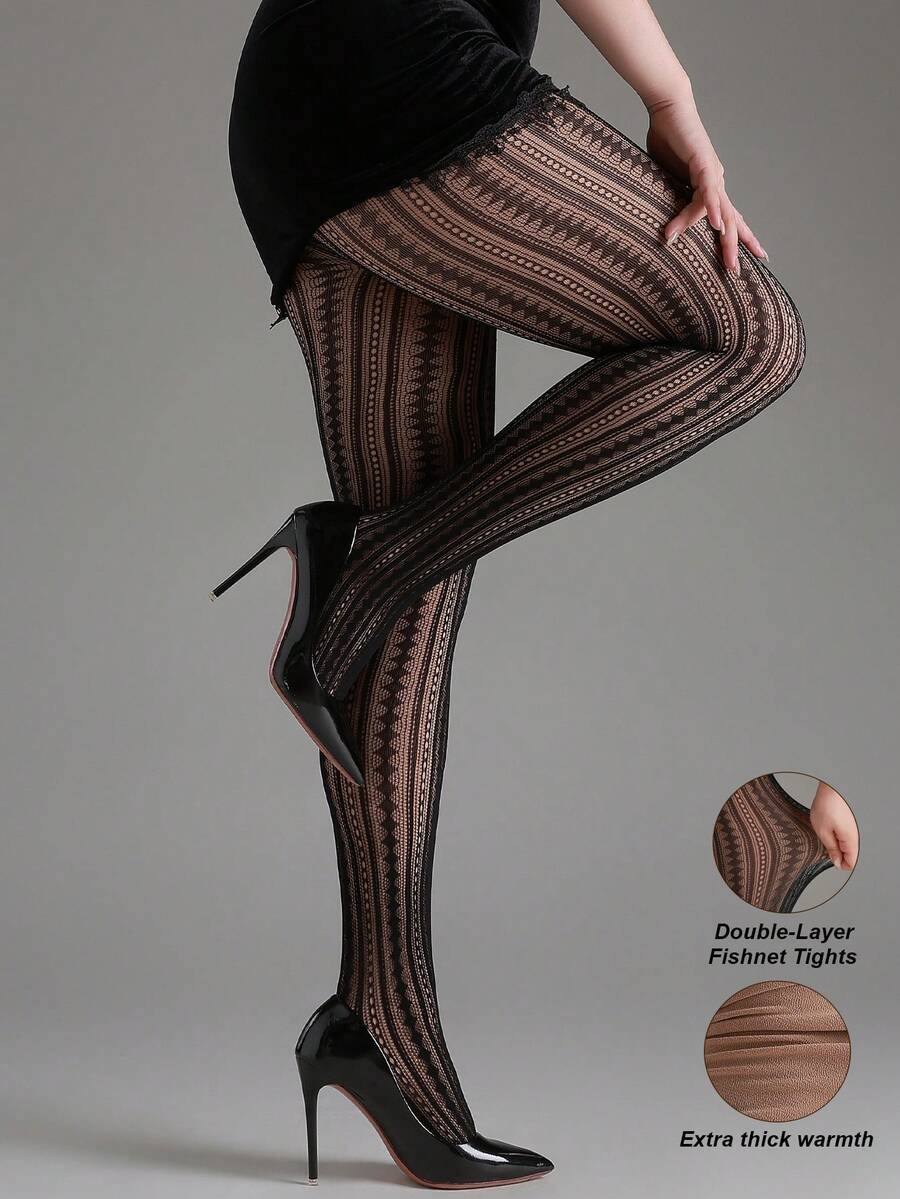 1pc 120g Women's Double-Layer Thermal Lined Vertical Striped Lace Mesh Tights, Autumn/Winter Thickened Warm Sheer Pantyhose, Faux-Skin Warm Leggings, Vertical Geometric Lace Sheer Thickened Pantyhose, Halloween/Christmas Outfit, Suitable For 15-25°C - Black - View 1