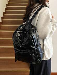Women Solid Quilted Puffer Backpack Casual Daypack With Braided Drawstring For School Travel Daily Use - Black - View 3
