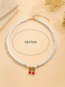 1pc Women's Sweet Fashion Soft Clay Beaded Alloy Cherry Pendant Necklace, Cute Versatile Daily Wear, Best Gift Choice - Multicolor - View 3