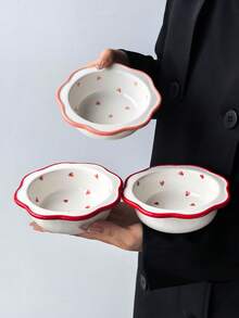 1pc Wavy Ruffled Edge Red Heart Ceramic Small Bowl, Pink Dual-Tone Rim Dessert Bowl, Home Sauce Bowl, Fruit Bowl, Breakfast Yogurt Bowl - Multicolor - View 6