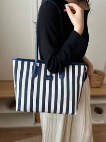 2026新款條紋大容量托特包女款，極簡百搭通勤單肩包，時尚休閒手提包 - 藍色 - 查看 3
